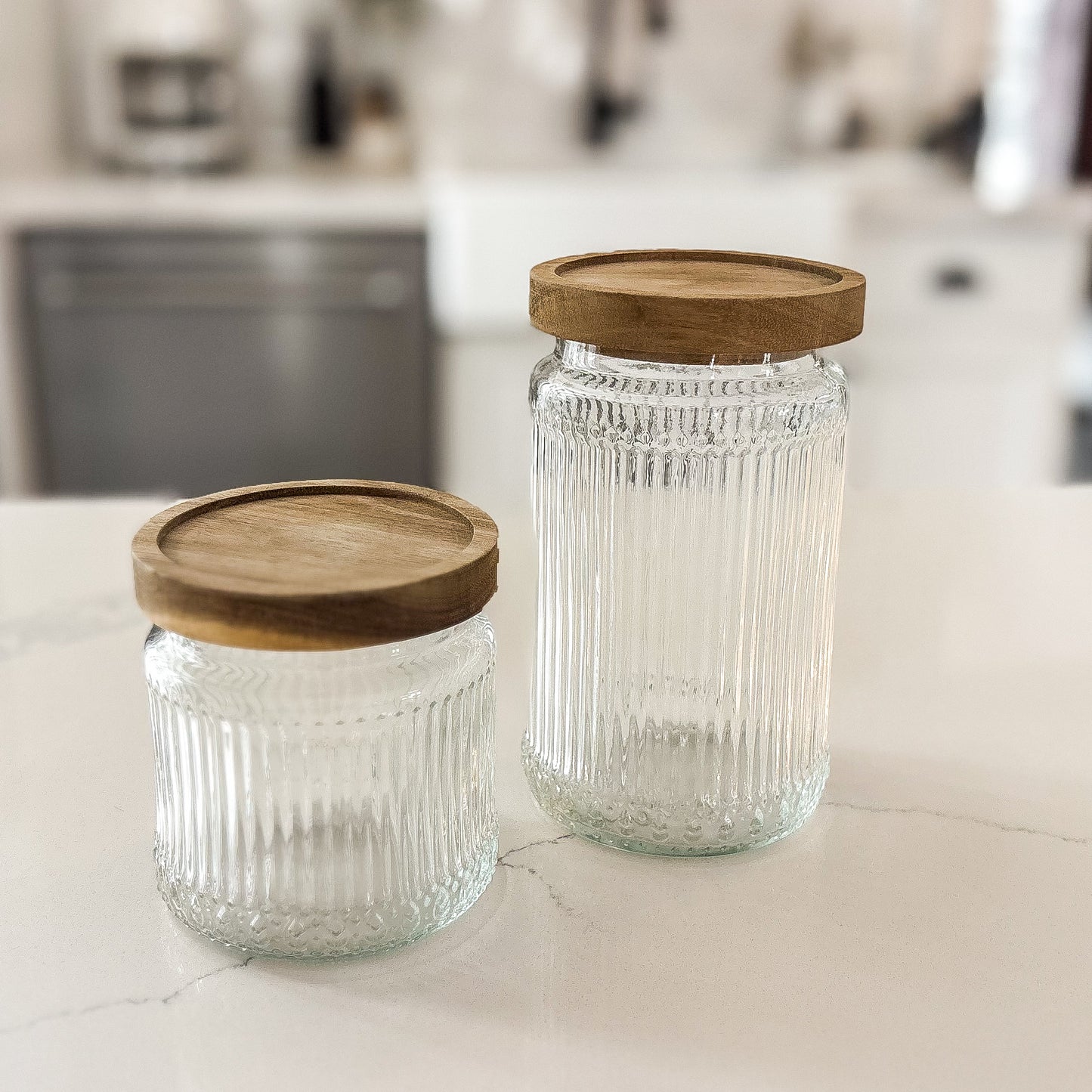 hobnail glass canisters with wood lids - set of 2