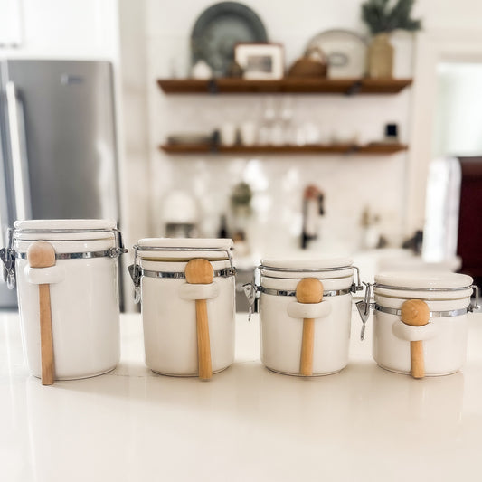 white canister set with wooden spoons - set of 4
