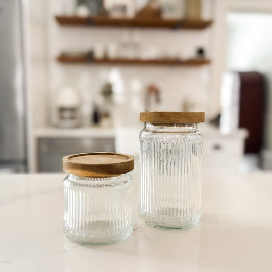 hobnail glass canisters with wood lids - set of 2